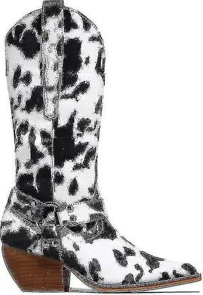 Cow Print Cowgirl Boots Block Chunky Heel Mid Calf