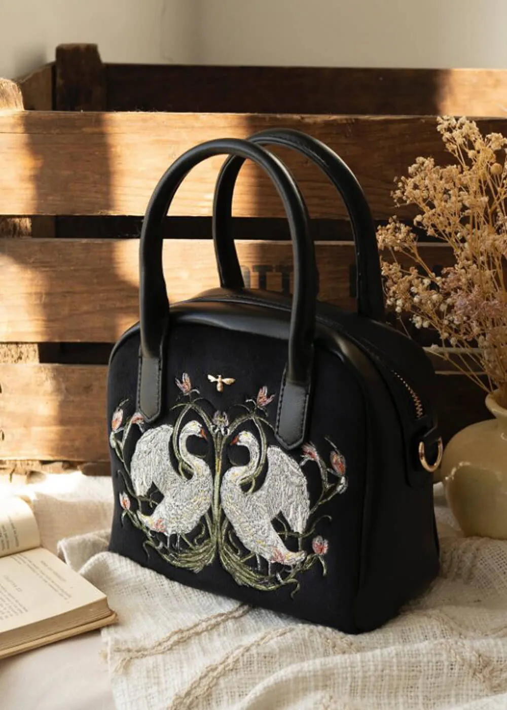 Fable England Eloise Swan Mini Bowling Bag Black