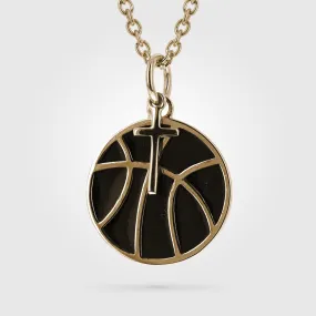 gold basketball pendant, black enameled, mini size, dangle cross