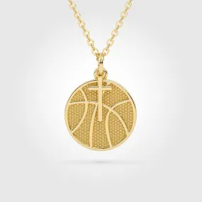 Gold Mini Basketball Pendant with Dangle Cross - Gold Basketball Necklace with Hanging Cross Pendant