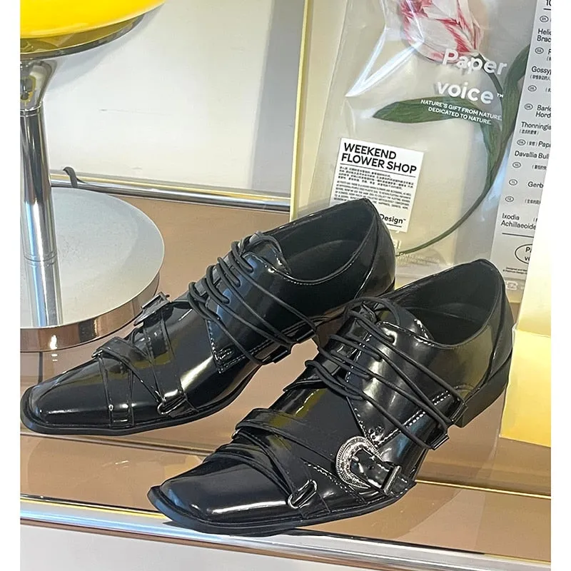 Handmade Lace Up Oxford Shoes with Small Square Toe - Men's Japanese Style