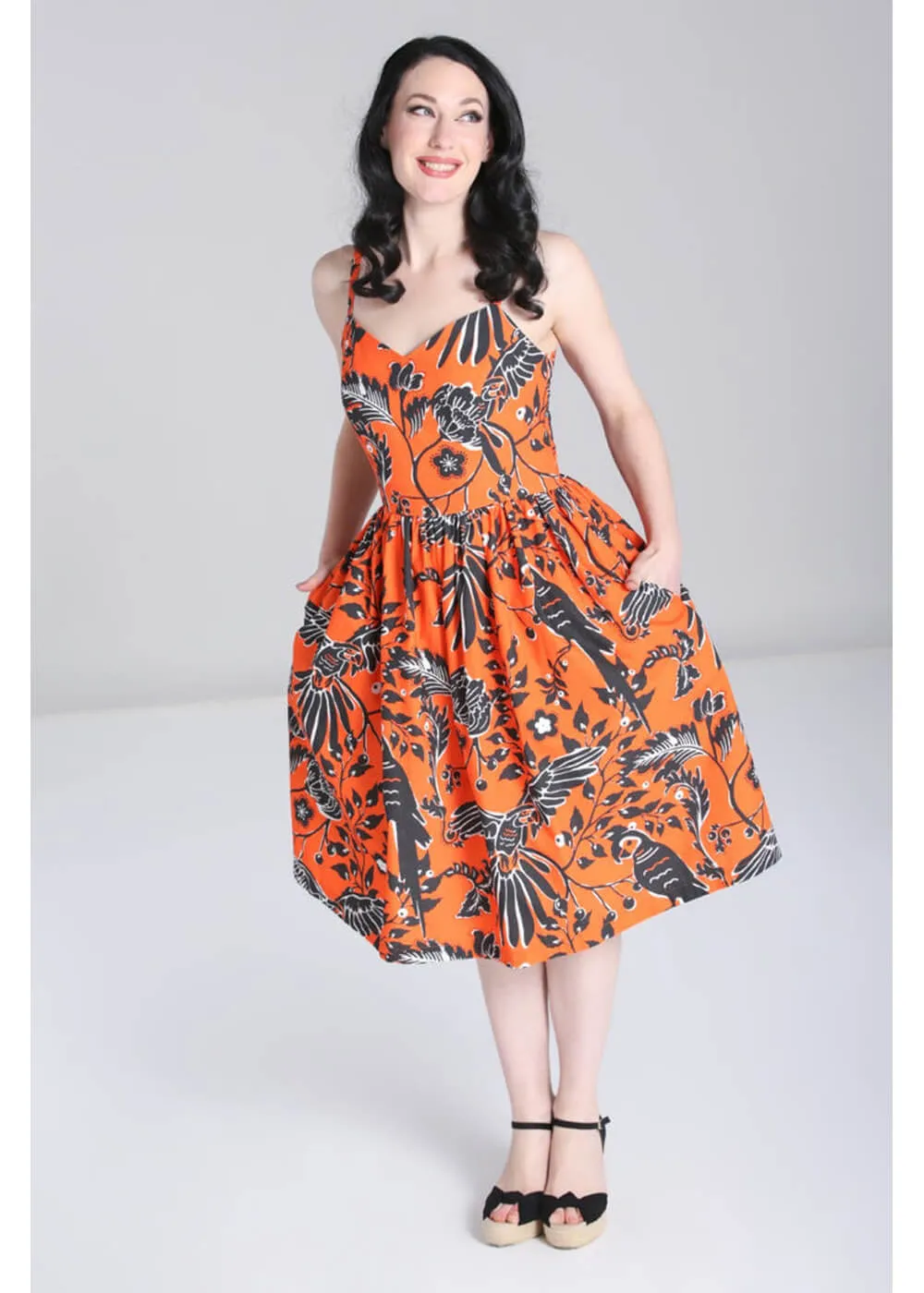 Hell Bunny Rio Parrots 50's Swing Dress Orange