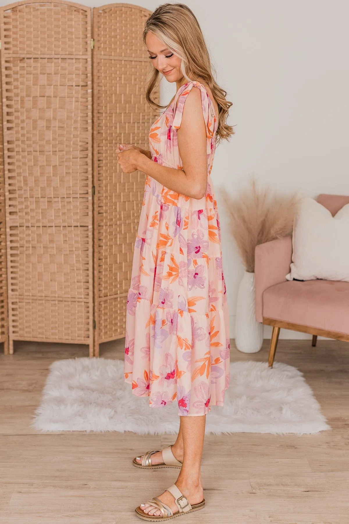 Joyous Occasion Tiered Floral Dress- Pale Orange & Lavender