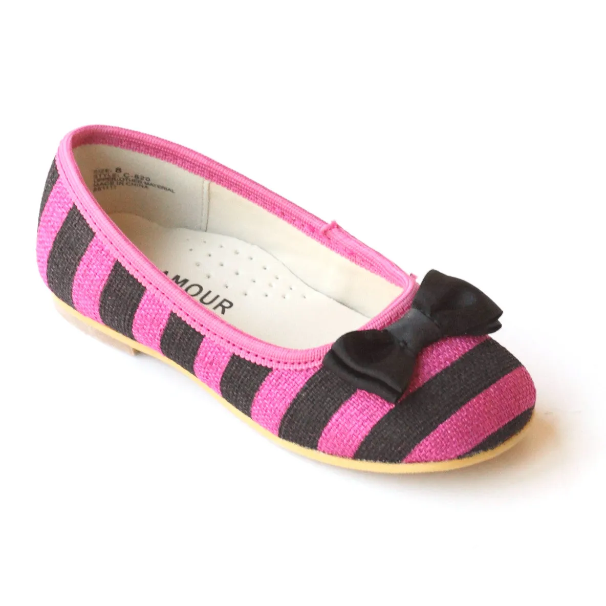 L'Amour Girls C-820 Fuchsia Striped Linen Canvas Bow Flats - Fashionable fuchsia striped linen canvas bow flats from L'Amour Gir