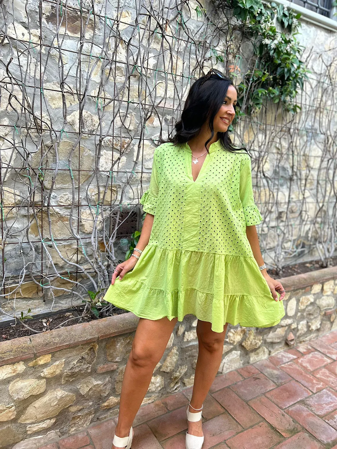 Lime frill sleeve tiered dress