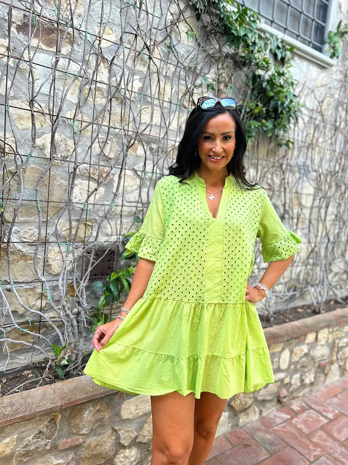 Lime frill sleeve tiered dress