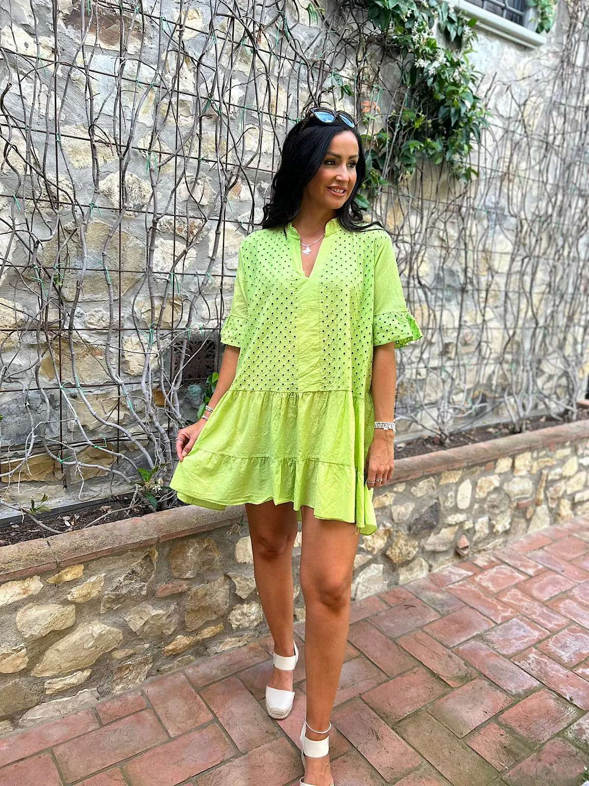 Lime frill sleeve tiered dress