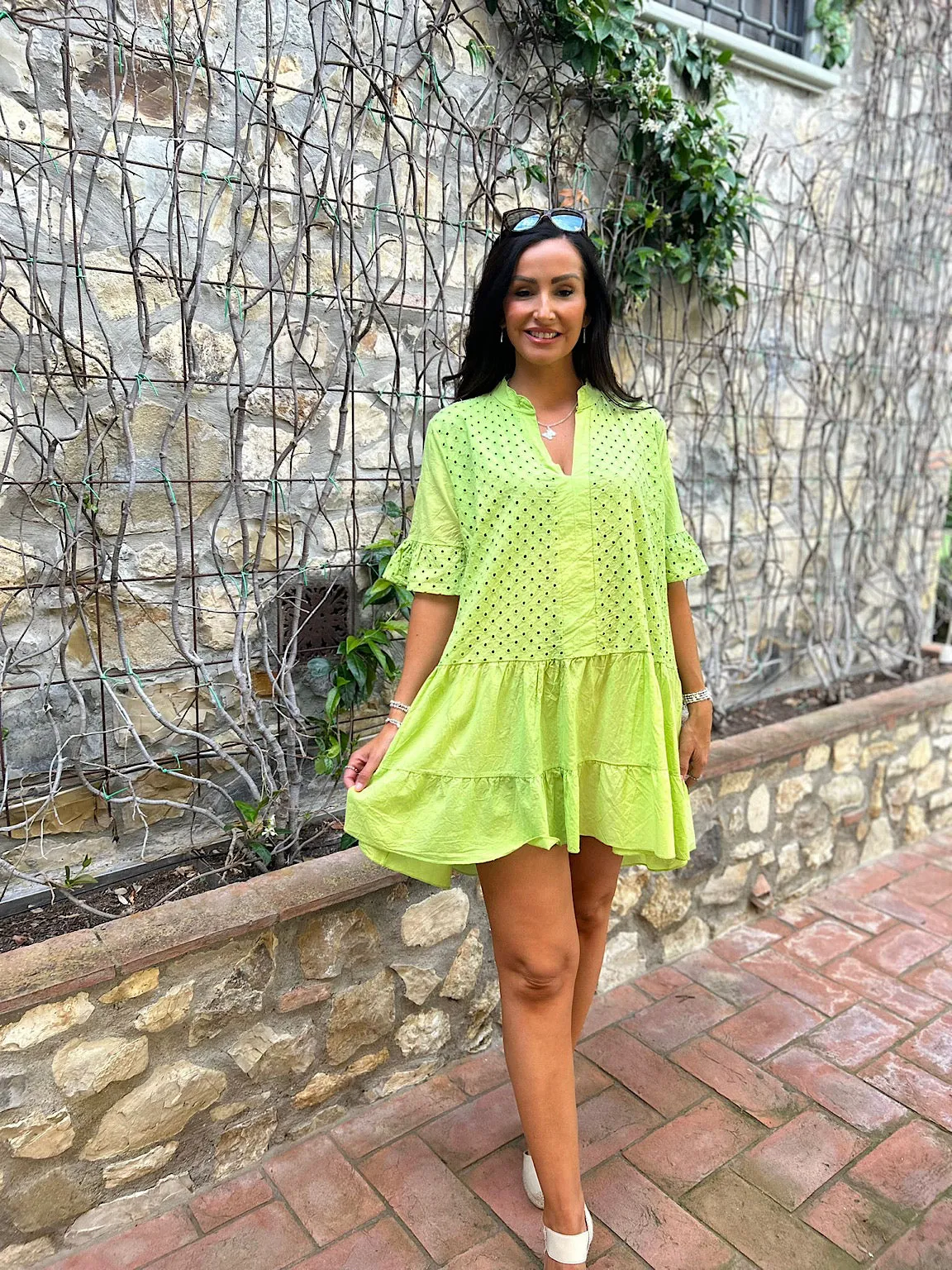 Lime frill sleeve tiered dress