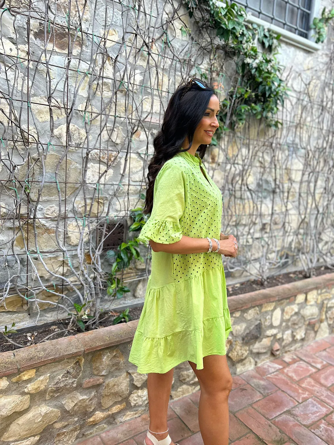 Lime frill sleeve tiered dress