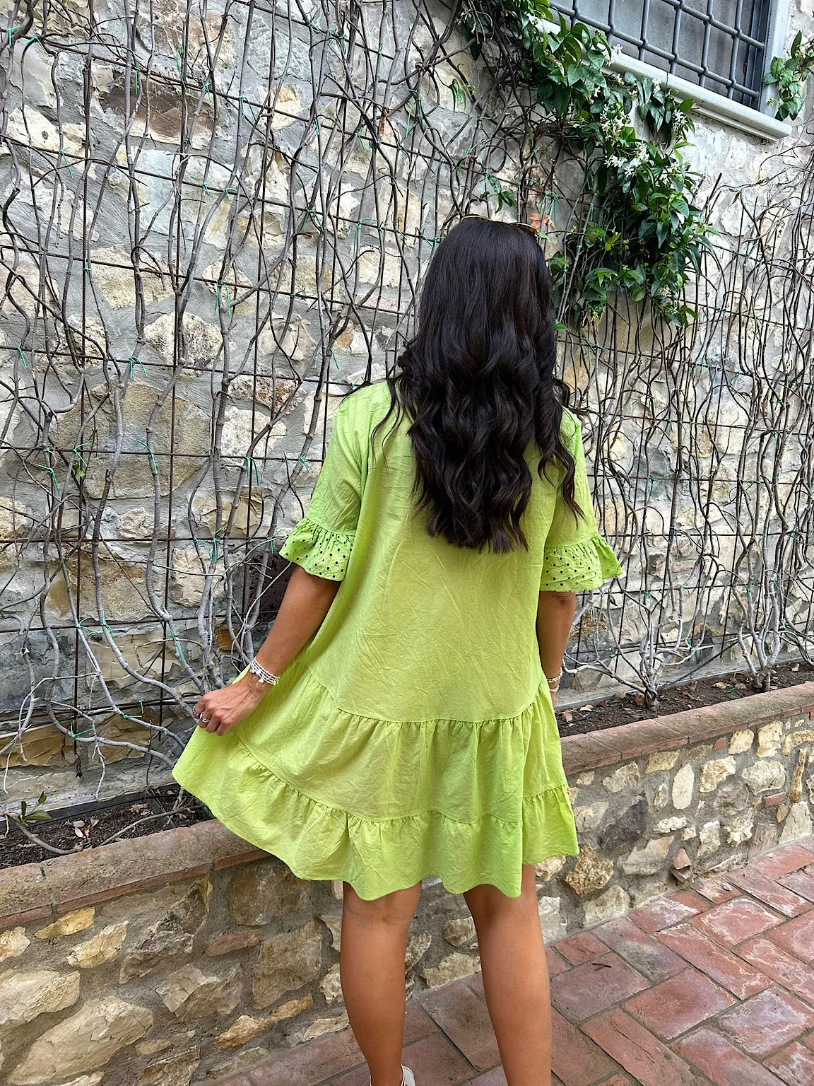 Lime frill sleeve tiered dress