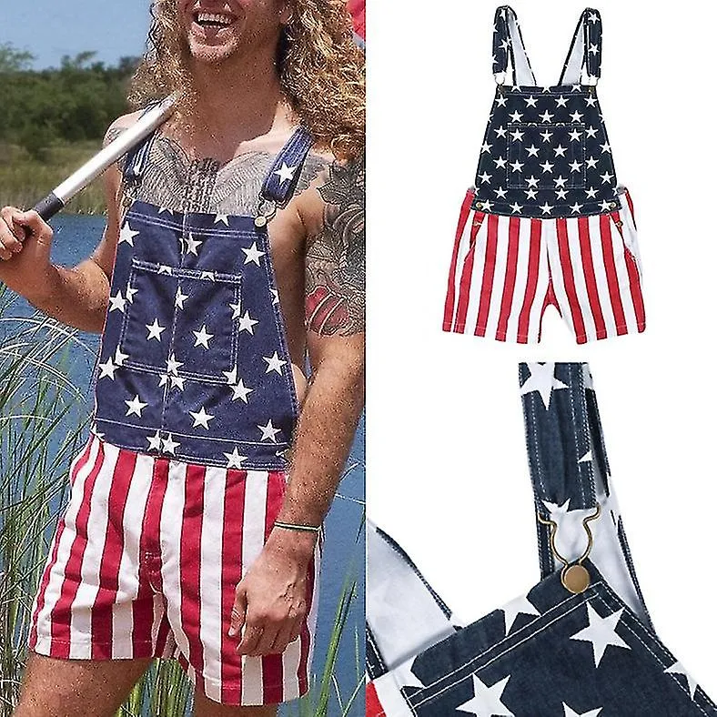 Men's Women's American Flag Denim Overalls Shorts Casual Rompers Denims Bibs,S-5XL