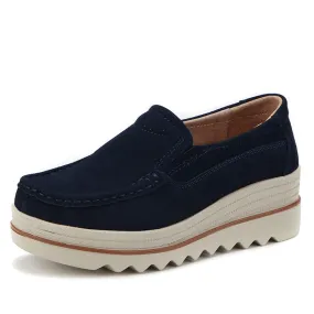 Navy Blue Genuine Leather Moccasins - Women's Round Toe Casual Shoes