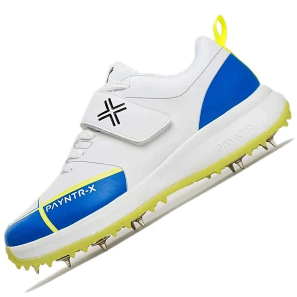 PAYNTR Men's Bowling Spike Cricket Shoe (White/Blue)