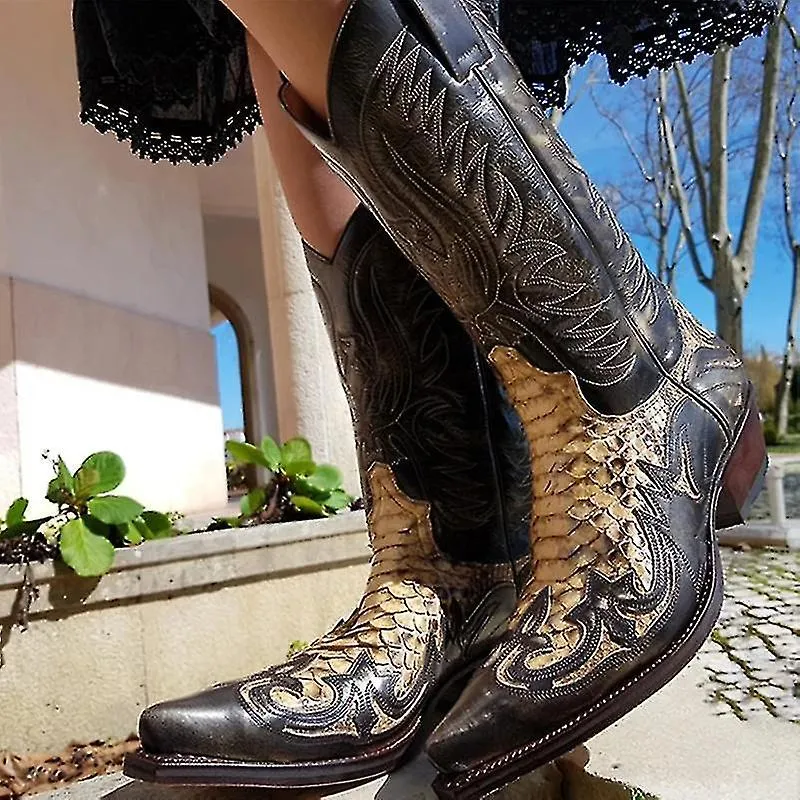 Python Western Boot Colorblock Embroidery Men Boots Fashion Modern Shoes-38