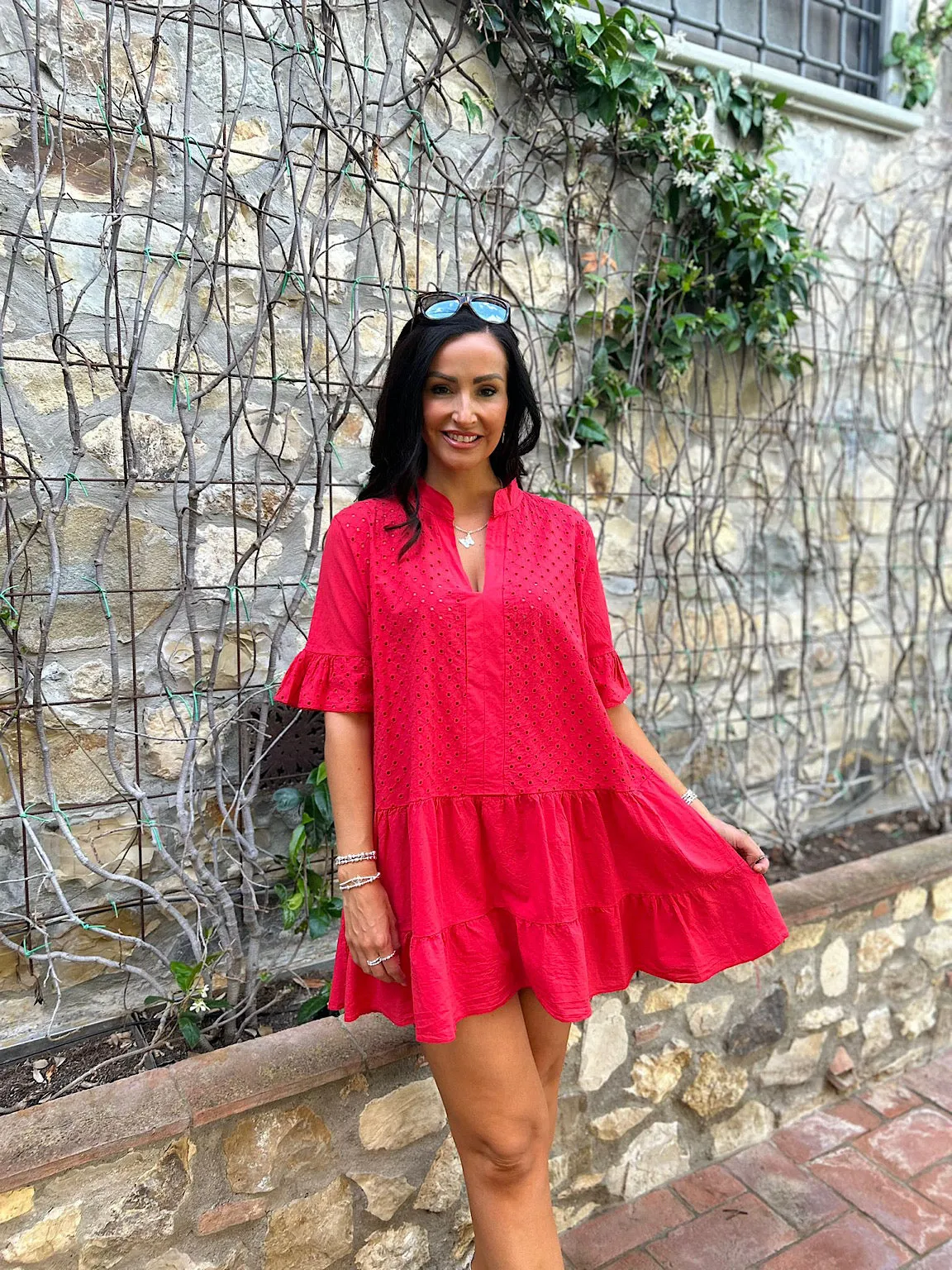 Red Broderie Frill Sleeve Tiered Dress