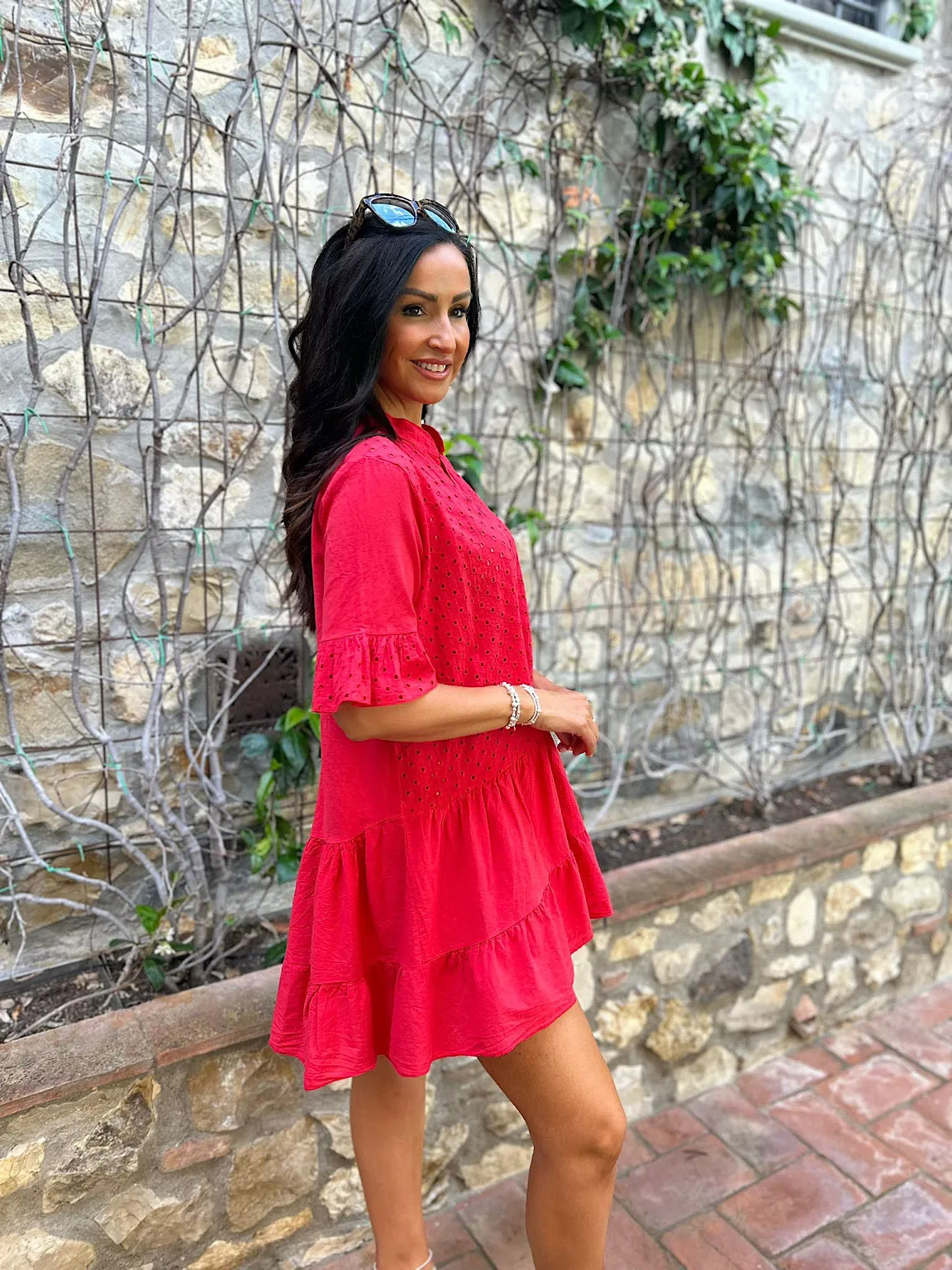 Red Broderie Frill Sleeve Tiered Dress