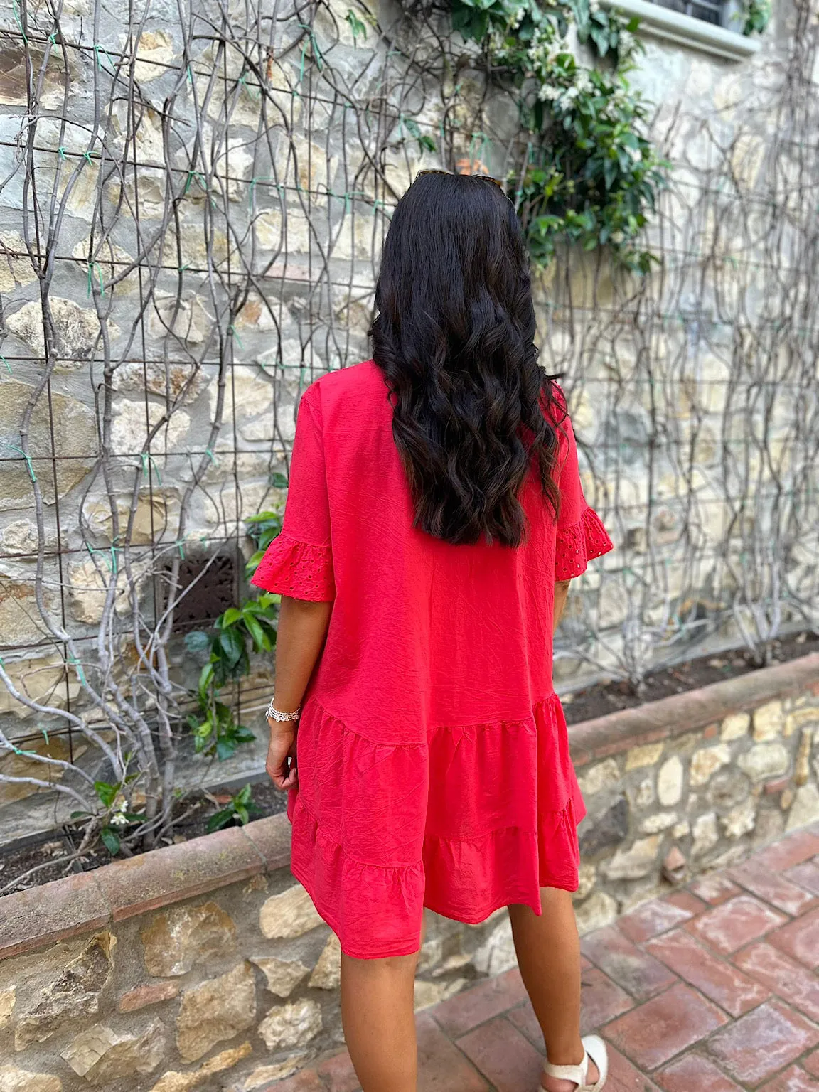 Red Broderie Frill Sleeve Tiered Dress