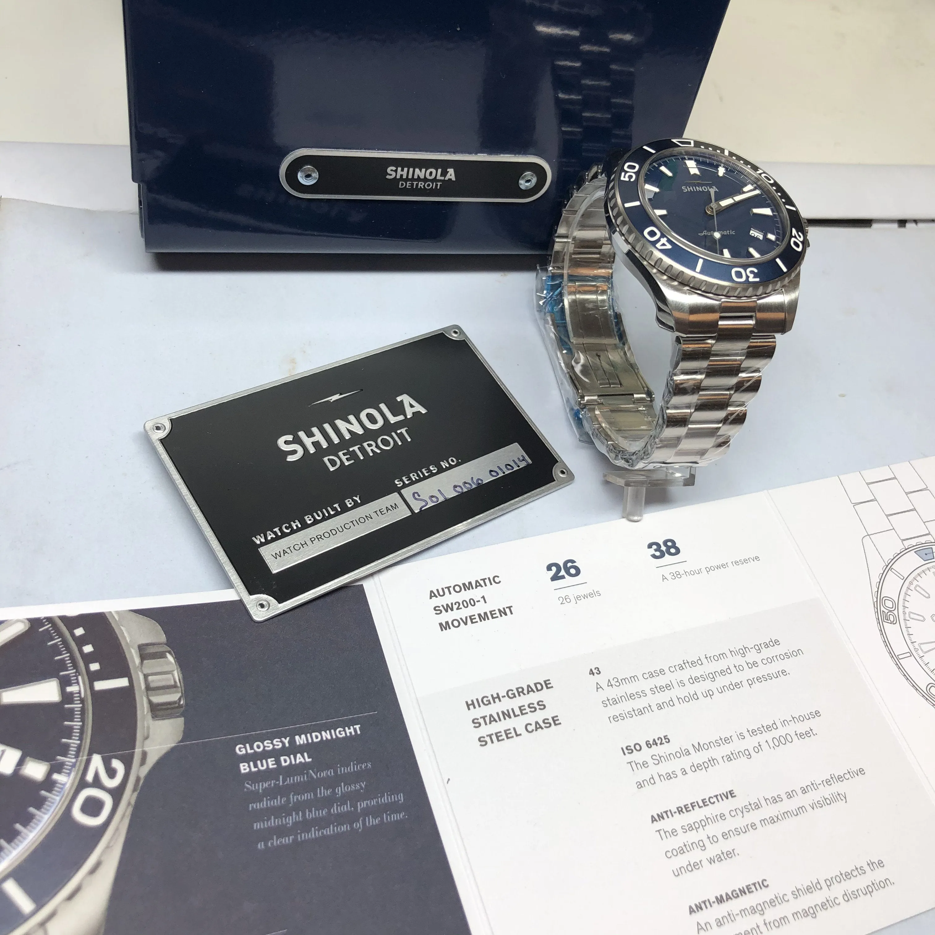 Shinola The Lake Michigan Monster Automatic Blue Watch 43mm Steel Bracelet