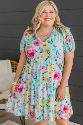 Steal You Away Tiered Floral Dress- Aqua Blue