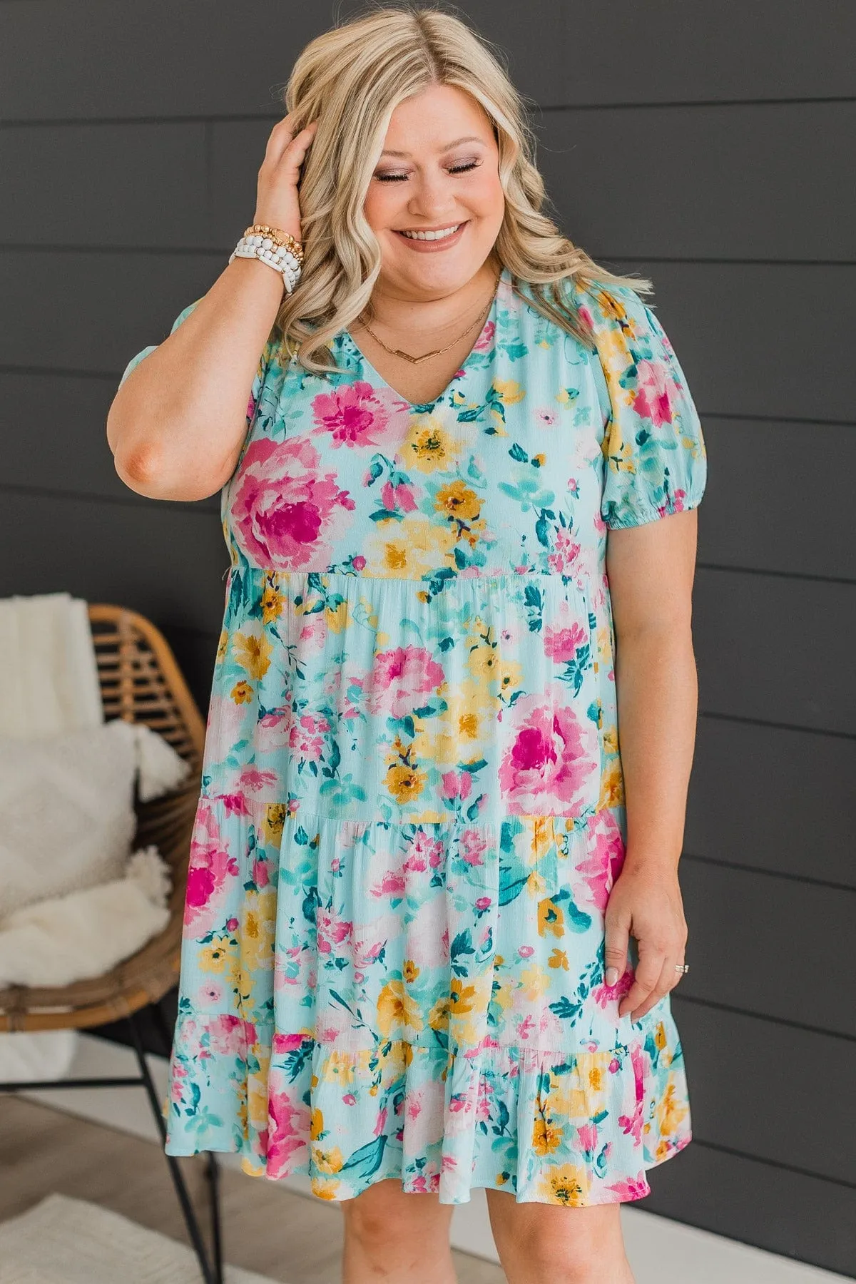 Steal You Away Tiered Floral Dress- Aqua Blue