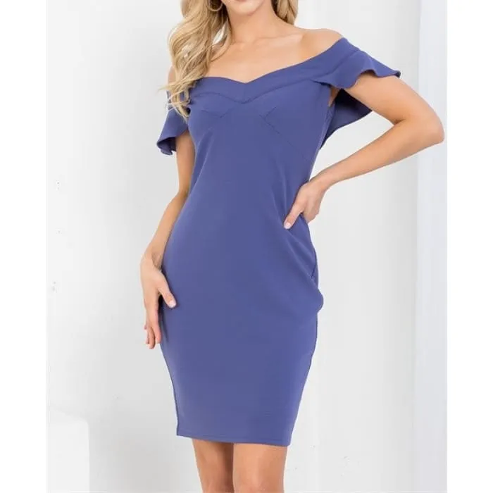 Steel Blue Flutter Sleeve Dress - Steel Blue Dress with Flutter Sleeves