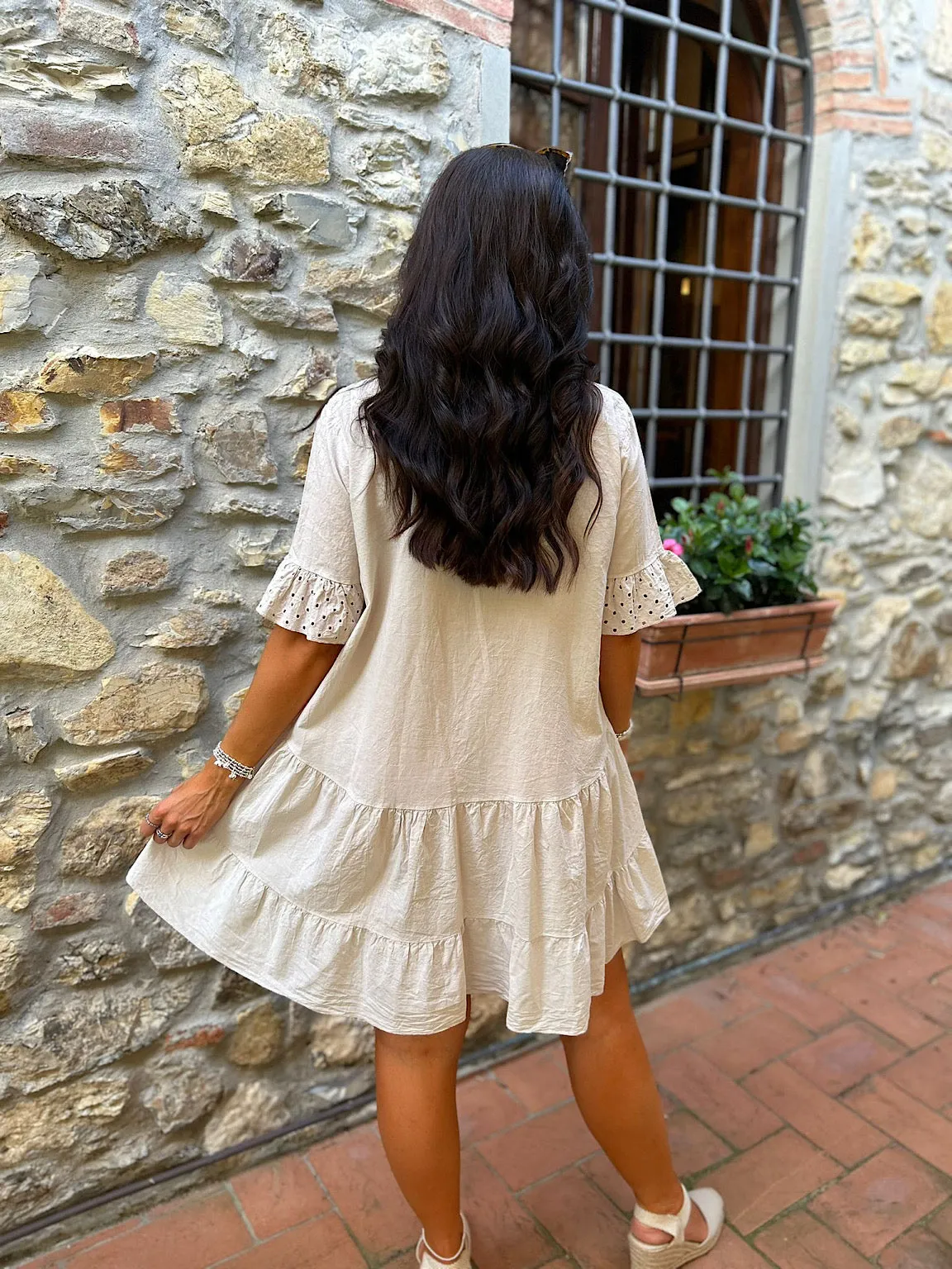 Stone Broderie Frill Sleeve Tiered Dress Alison