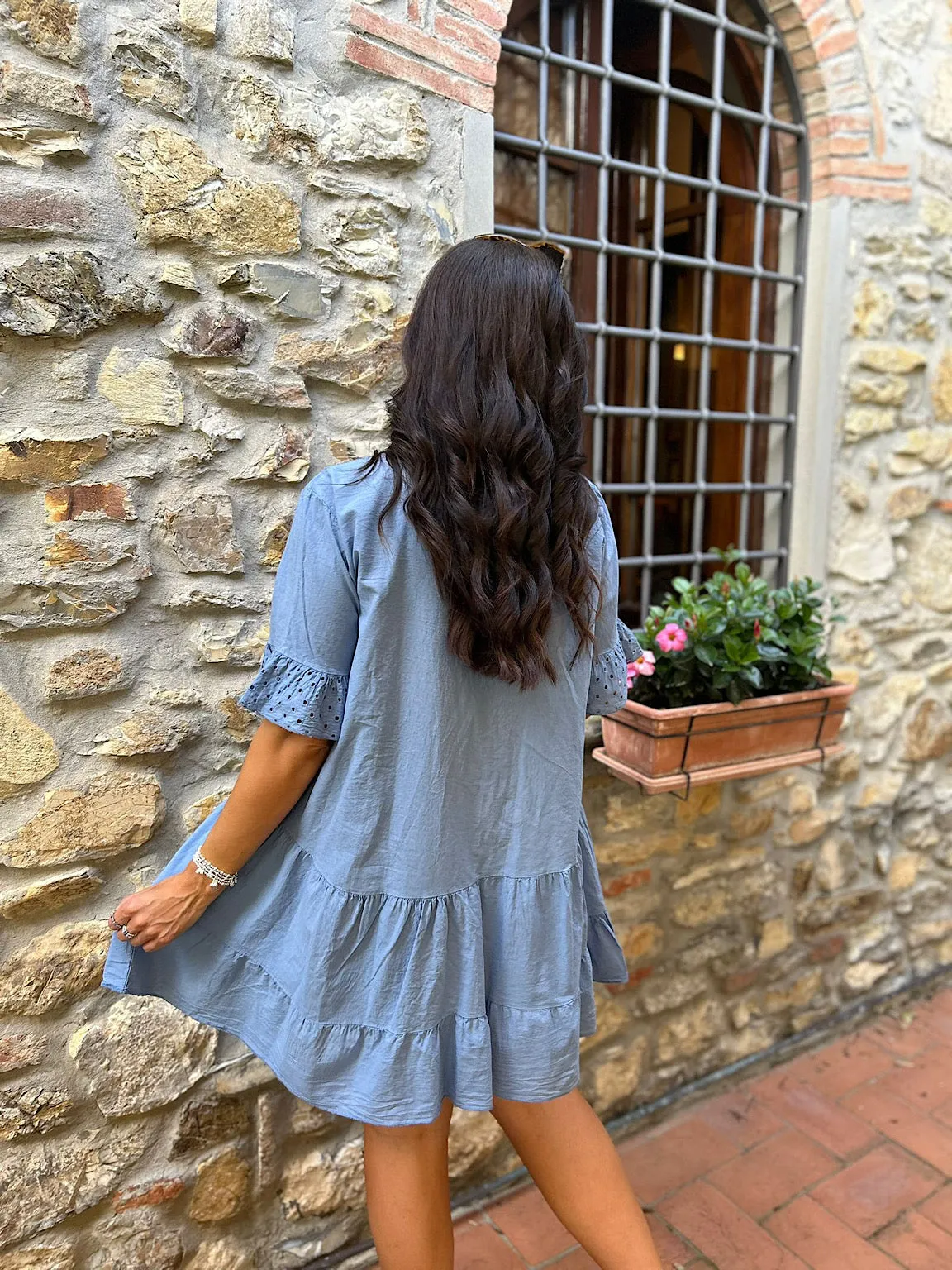 Tiered Dress Alison - Denim Broderie Frill Sleeve