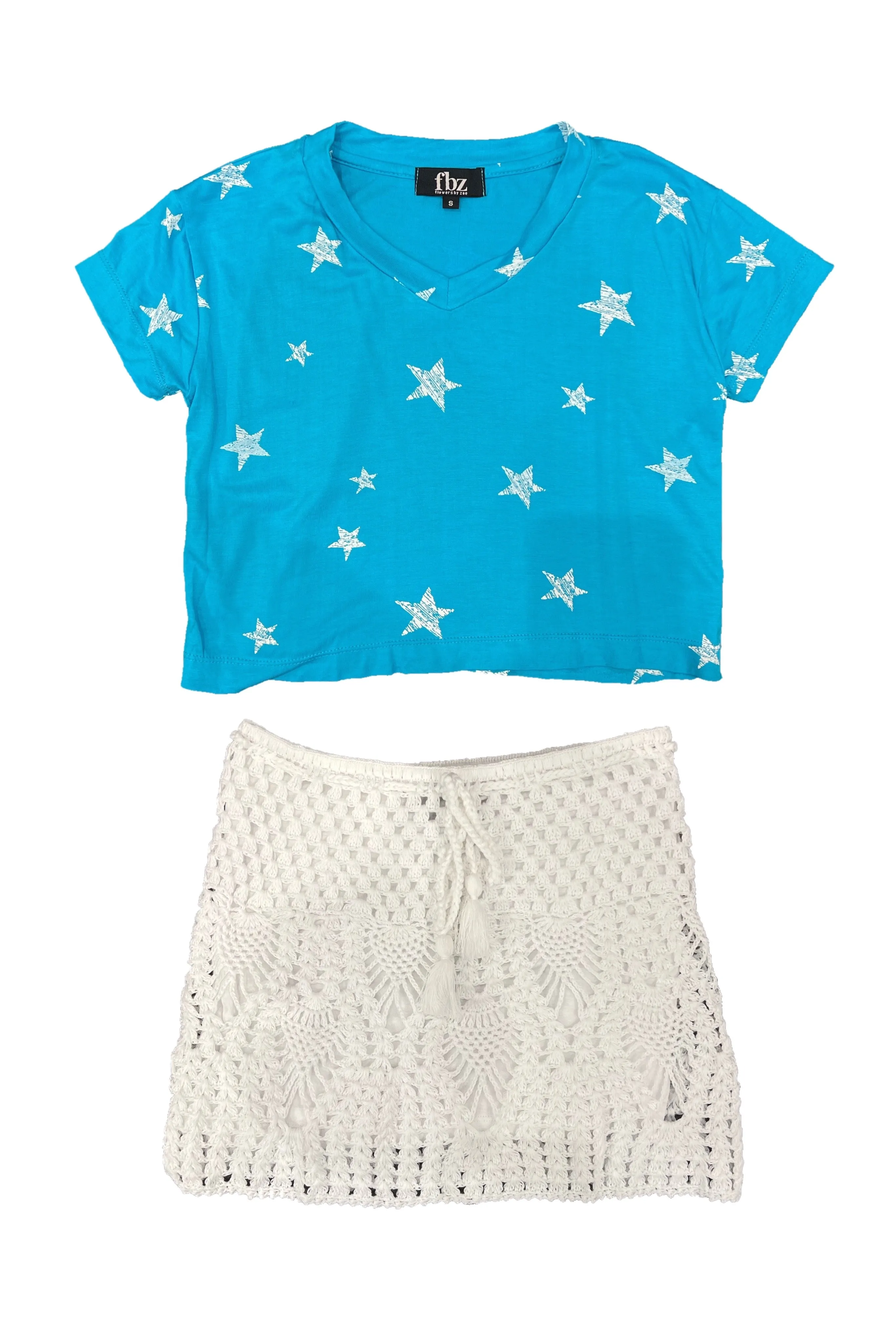 Turquoise White Stars V-Neck Tee