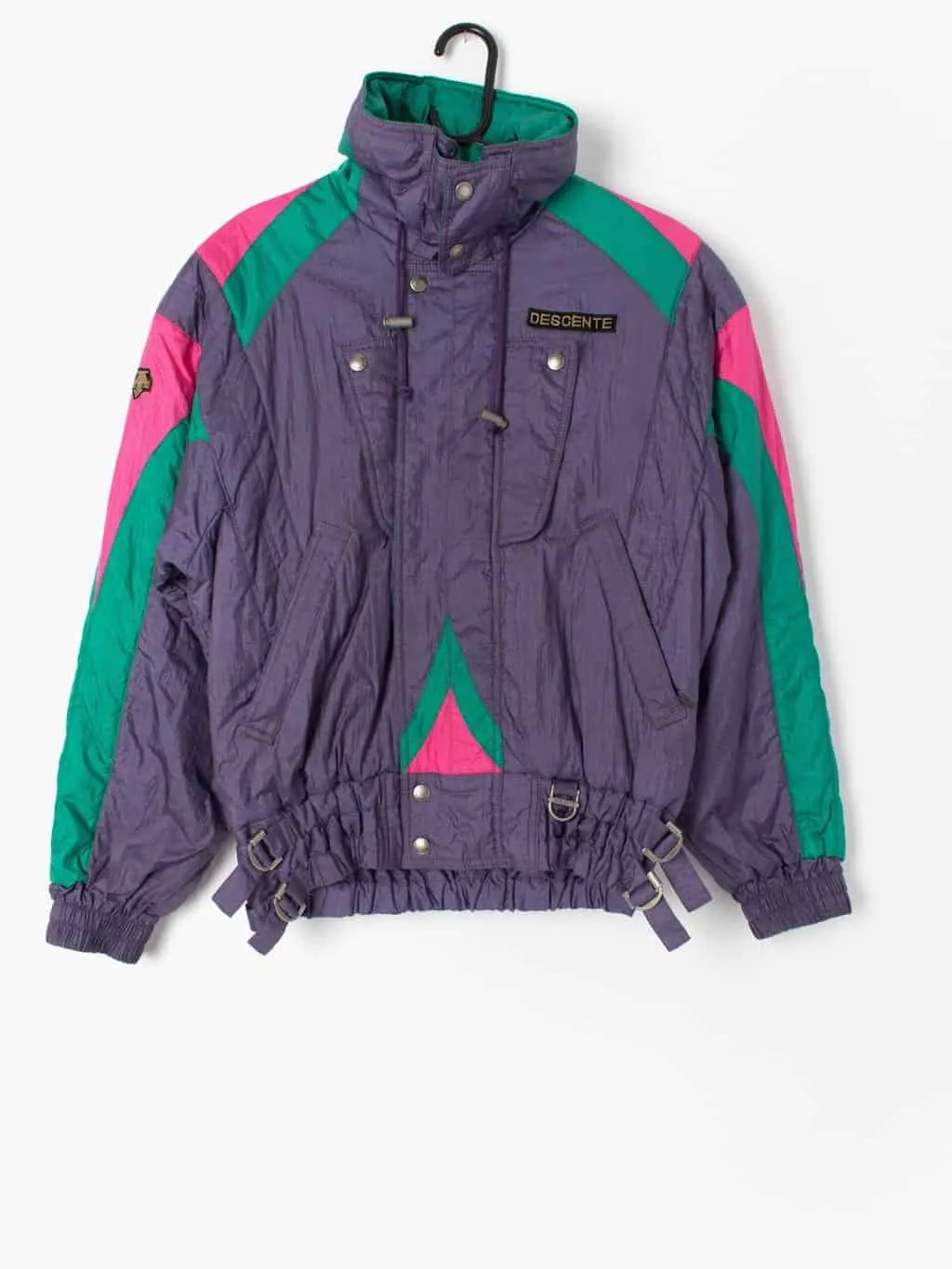 Vintage 80s padded ski jacket in purple & pink by Descente Suisse ski team. Made in Japan – Small / Medium