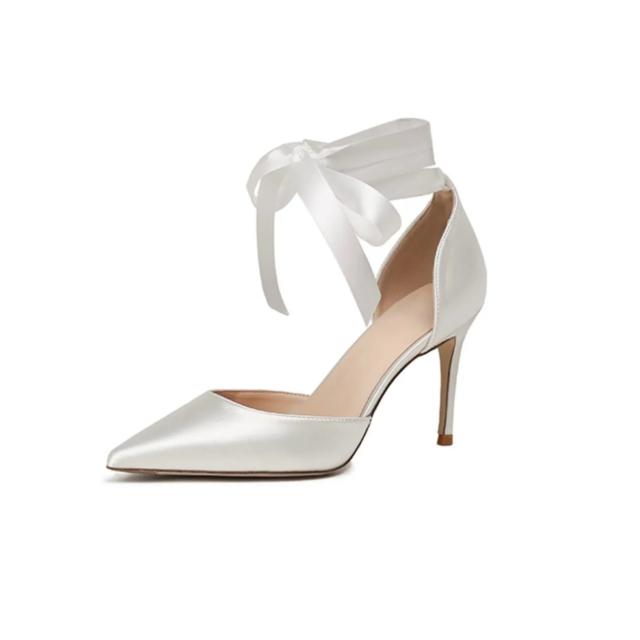 White high-heeled pumps.