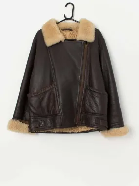 Women’s vintage sheepskin jacket, brown leather flight jacket – Medium