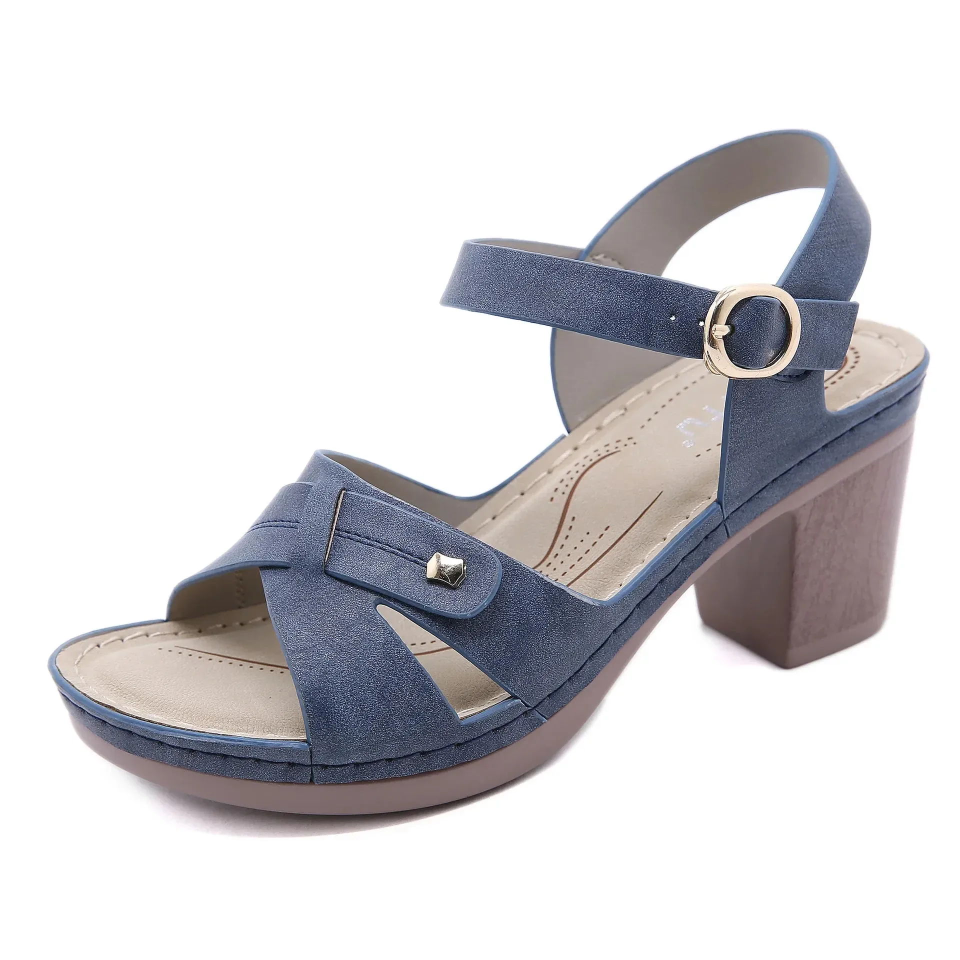 Women's high heel sandals with square heel for casual wear- brand name shoes.