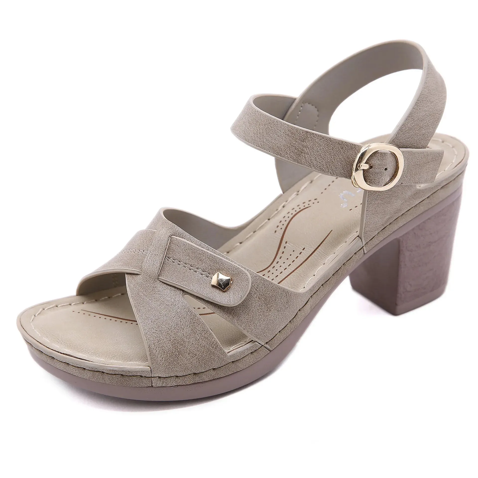 Women's high heel sandals with square heel for casual wear- brand name shoes.