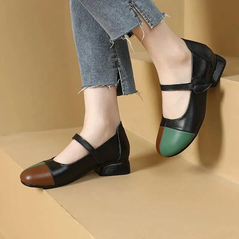 Women's Low Heel Casual Shoes - Mixed Colors Leather - YY6198