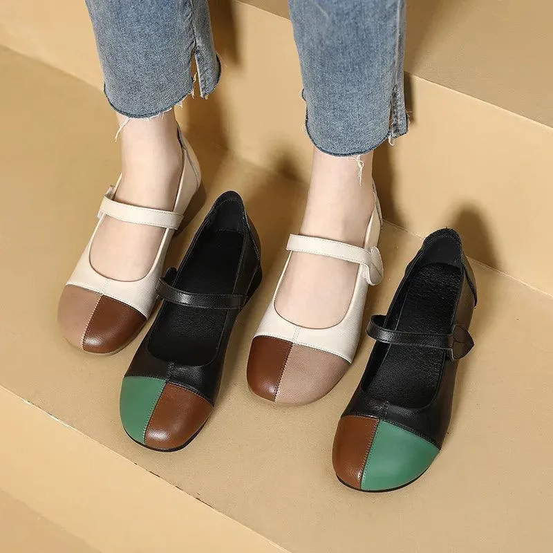 Women's Low Heel Casual Shoes - Mixed Colors Leather - YY6198