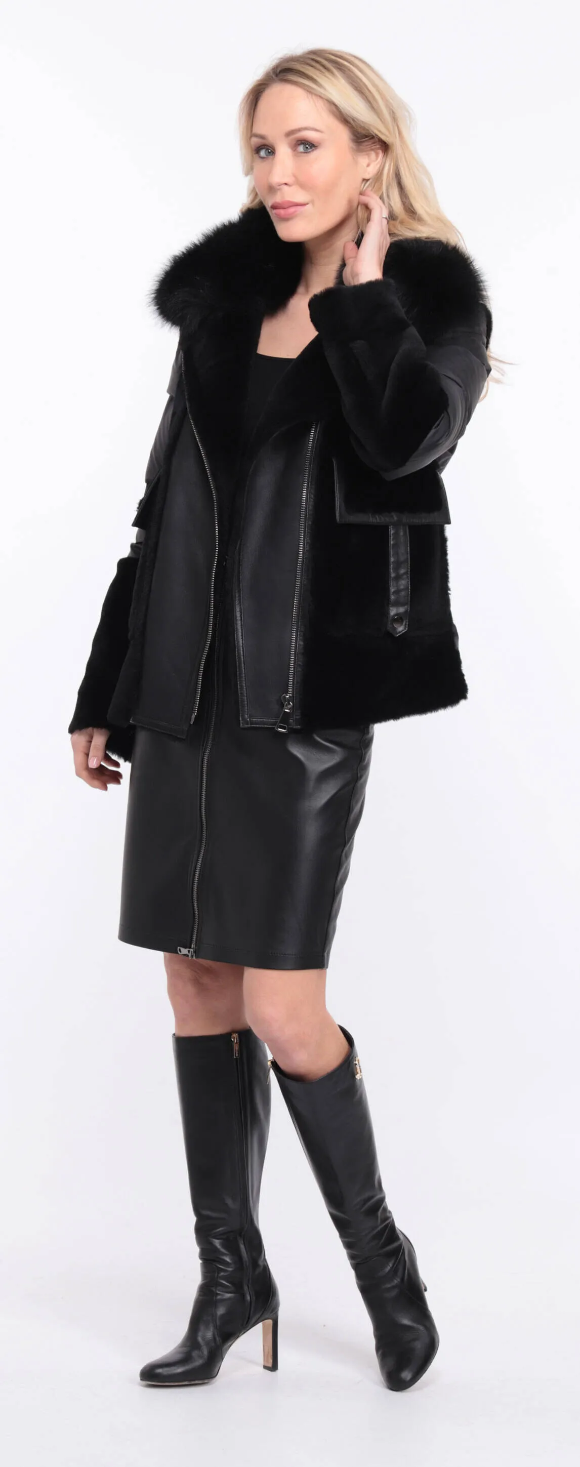 Women's sheepskin jacket + bettie matt black fabric